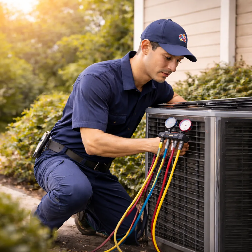 HVAC technician performing air conditioning repair on a residential AC unit in East Tennessee