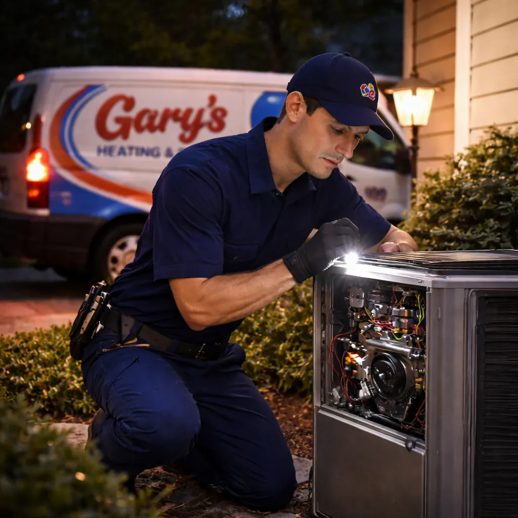 HVAC technician performing emergency air conditioning repair at night in East Tennessee