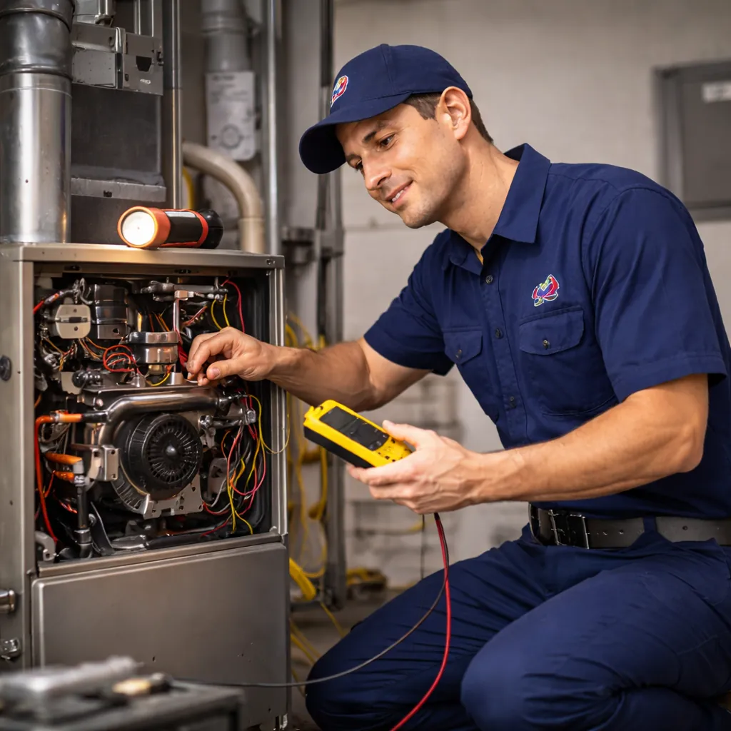 HVAC technician performing heating repair and furnace service inside a home in East Tennessee